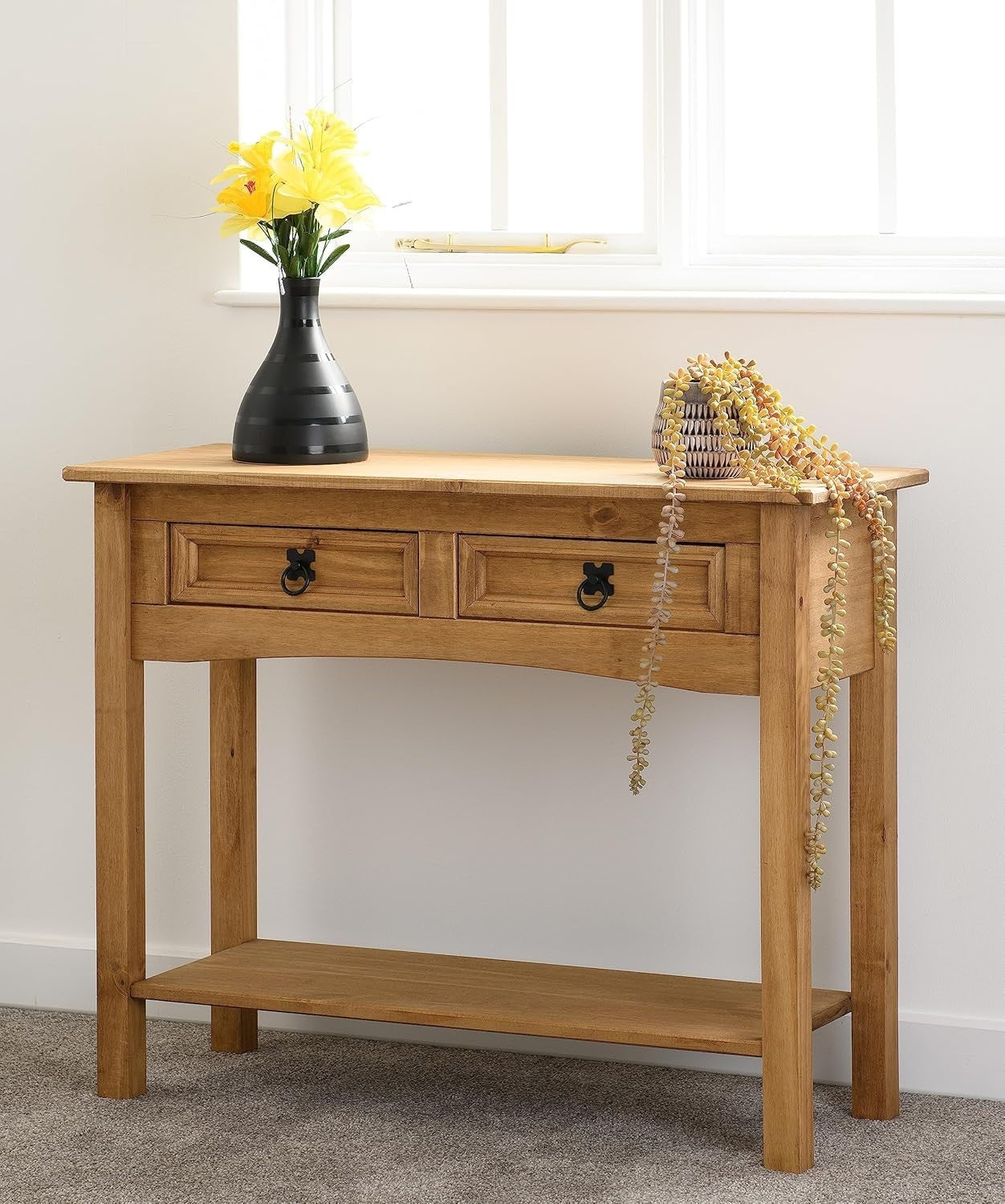 Rustic 2 Drawer Console Table with Shelf – Narrow Pine Hallway Storage