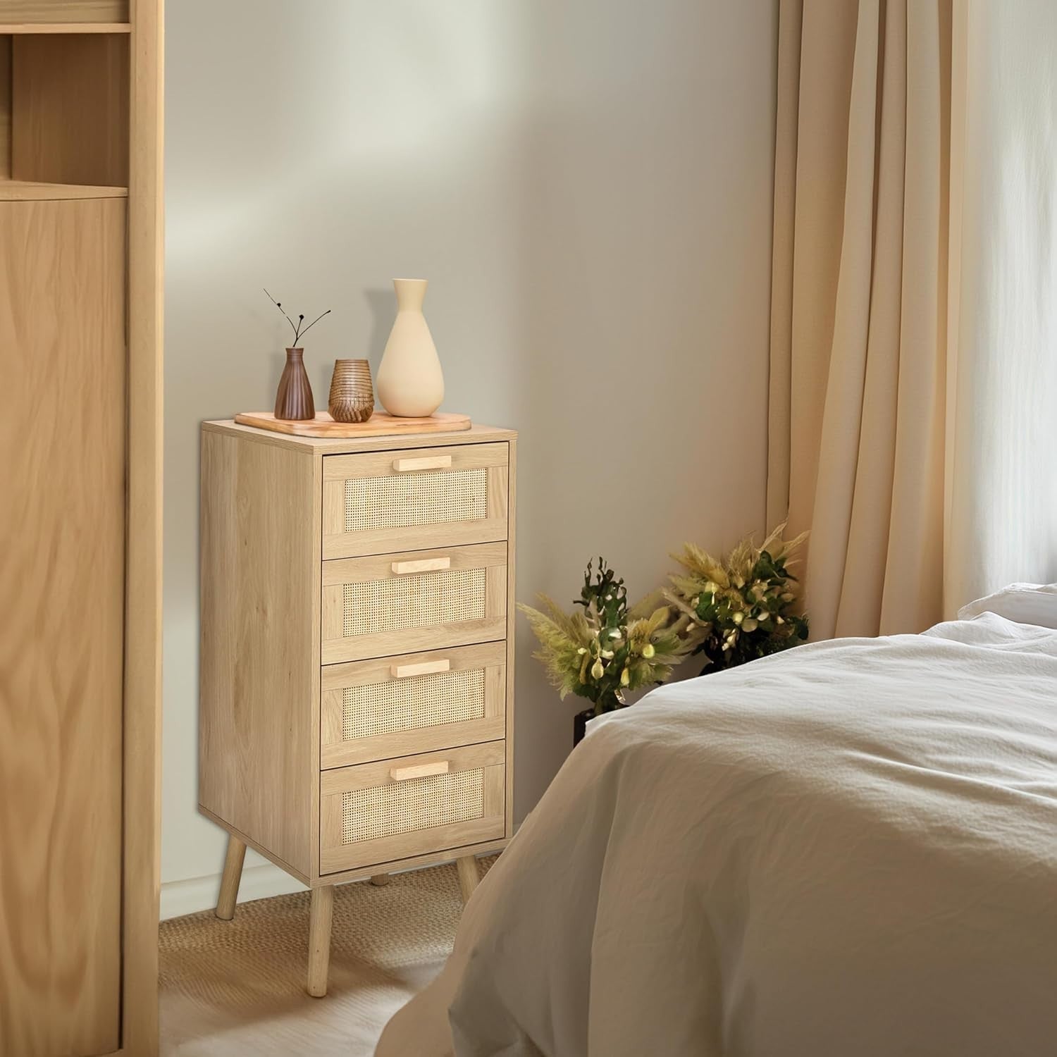 4 Drawer Rattan Chest Bedroom Storage Unit Tall Wooden Legs Compact Design