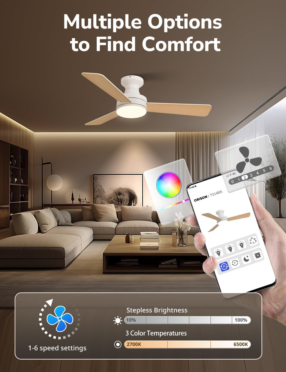 Orison 42"" Ceiling Fan with Lights, RGB Backlight, 6 Speeds, Dimmable, Remote