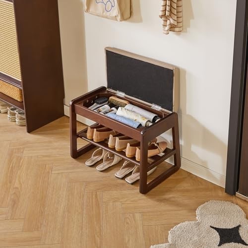 2-Tier Flip-Top Shoe Storage Bench with Padded Seat – Walnut Wood
