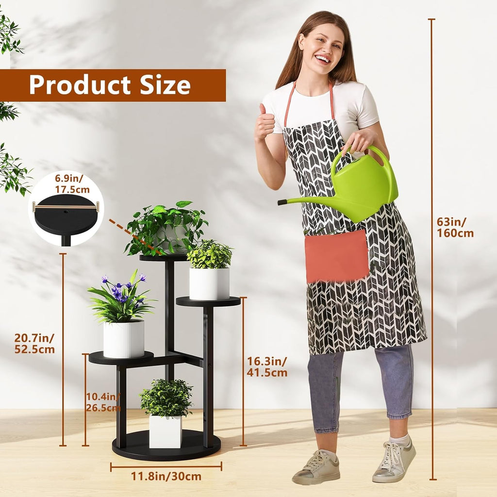 4 Tier Black Metal Wood Plant Stand | Modern Indoor Corner Flower Pot Shelf