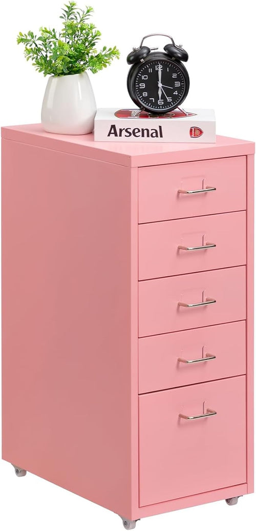 5 Drawer Metal File Cabinet with Wheels, Lockable Office Storage Unit