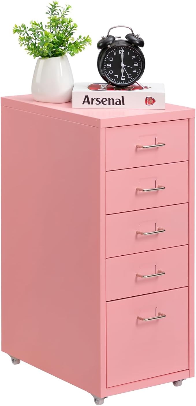 5 Drawer Metal File Cabinet with Wheels, Lockable Office Storage Unit