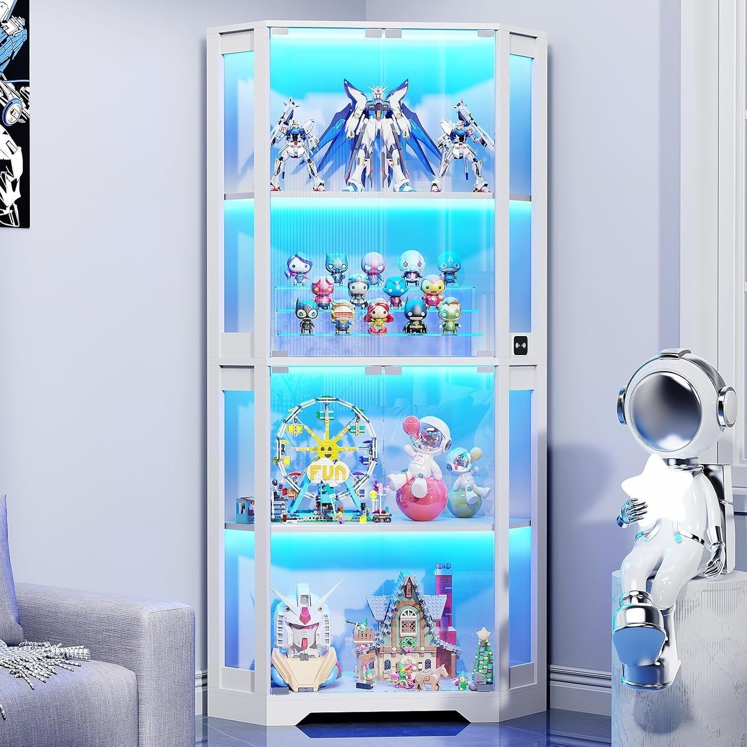 Corner Glass Display Cabinet with LED Lights, Sensor, Lock, 85x36x165cm