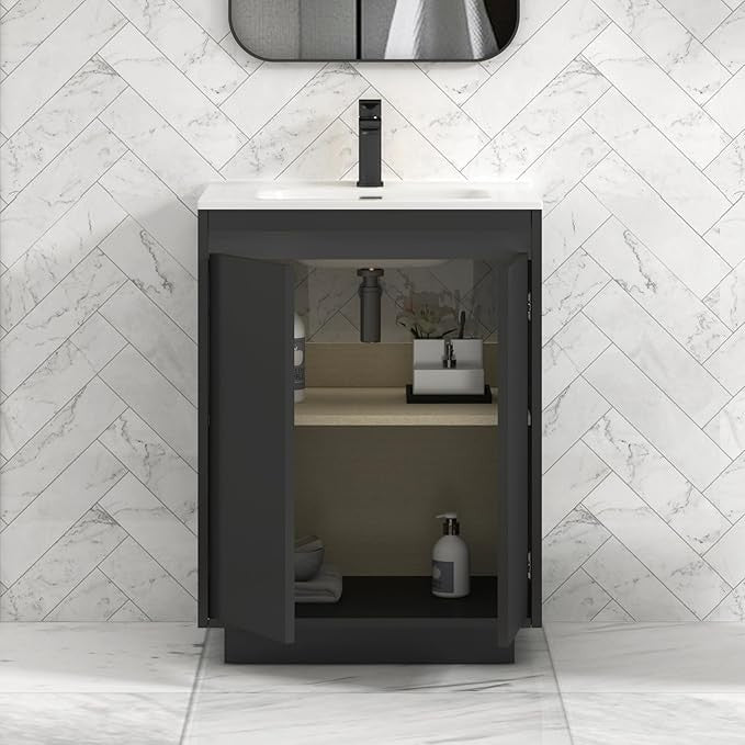 600mm Jet Black Floor Standing Vanity Unit with Basin Sink 2 Door Cabinet
