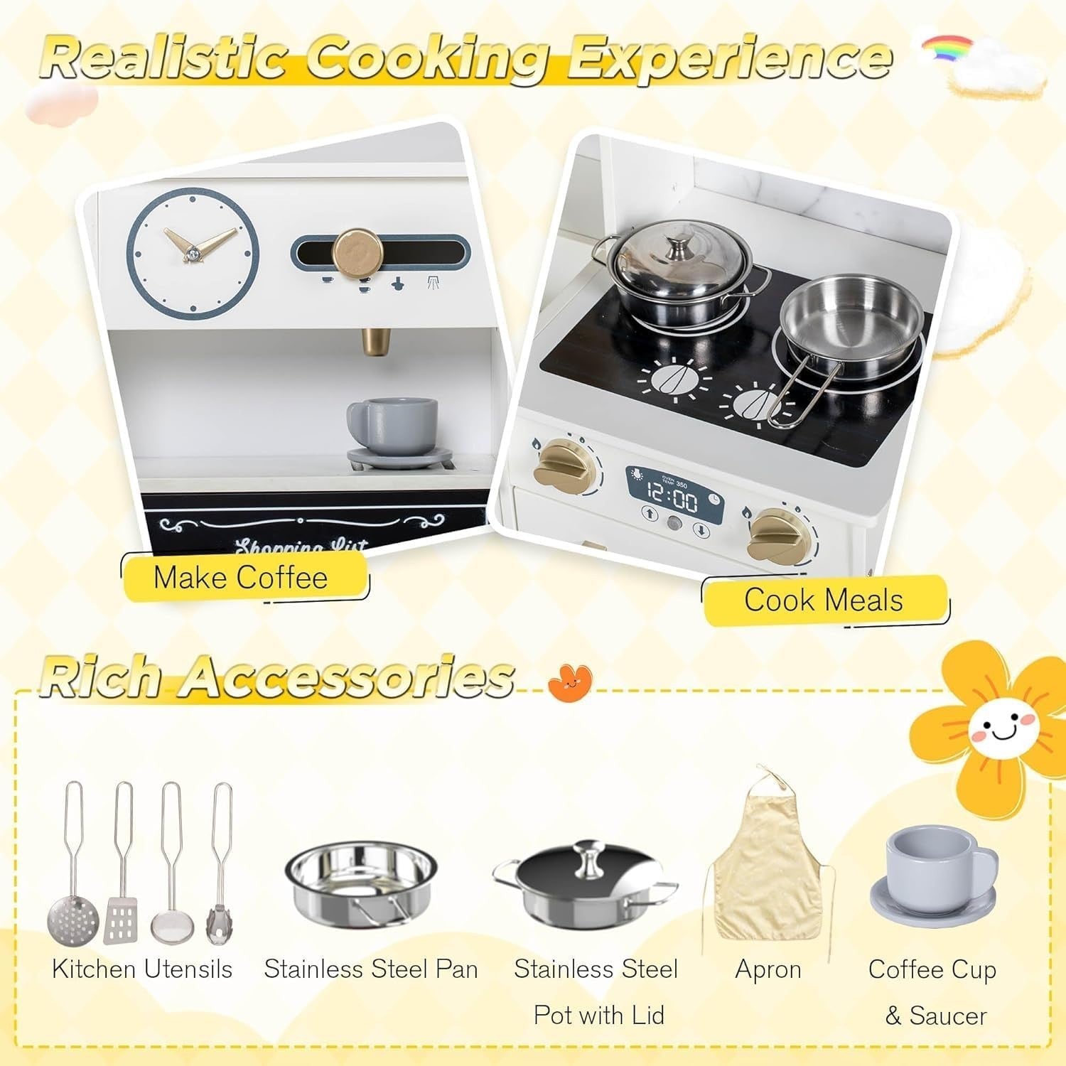 Wooden Kids Play Kitchen White Ice Maker Coffee Machine Toy Set