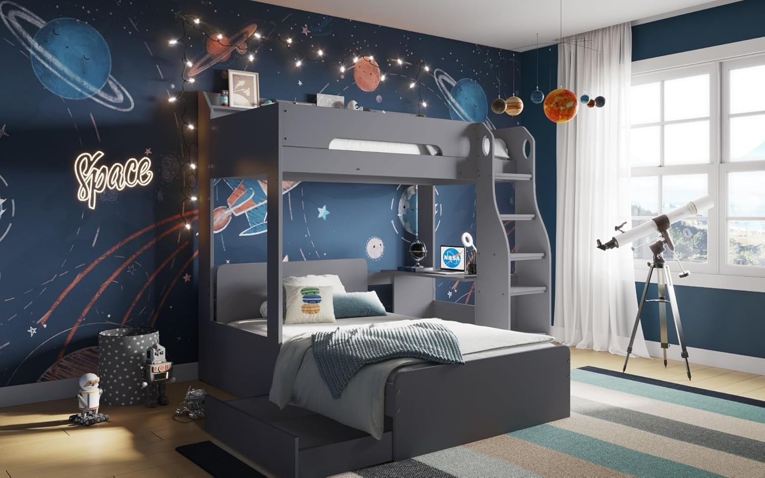 Triple Bunk Bed L Shape Grey Kids Storage Bed Frame Space-Saving Design