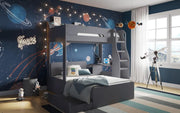 Triple Bunk Bed L Shape Grey Kids Storage Bed Frame Space-Saving Design