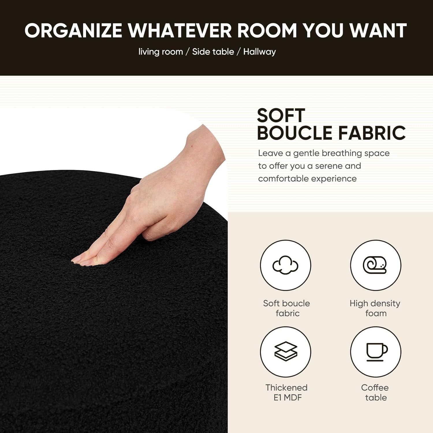 Black Boucle Round Storage Ottoman Folding Footrest with Flip-Top Tray