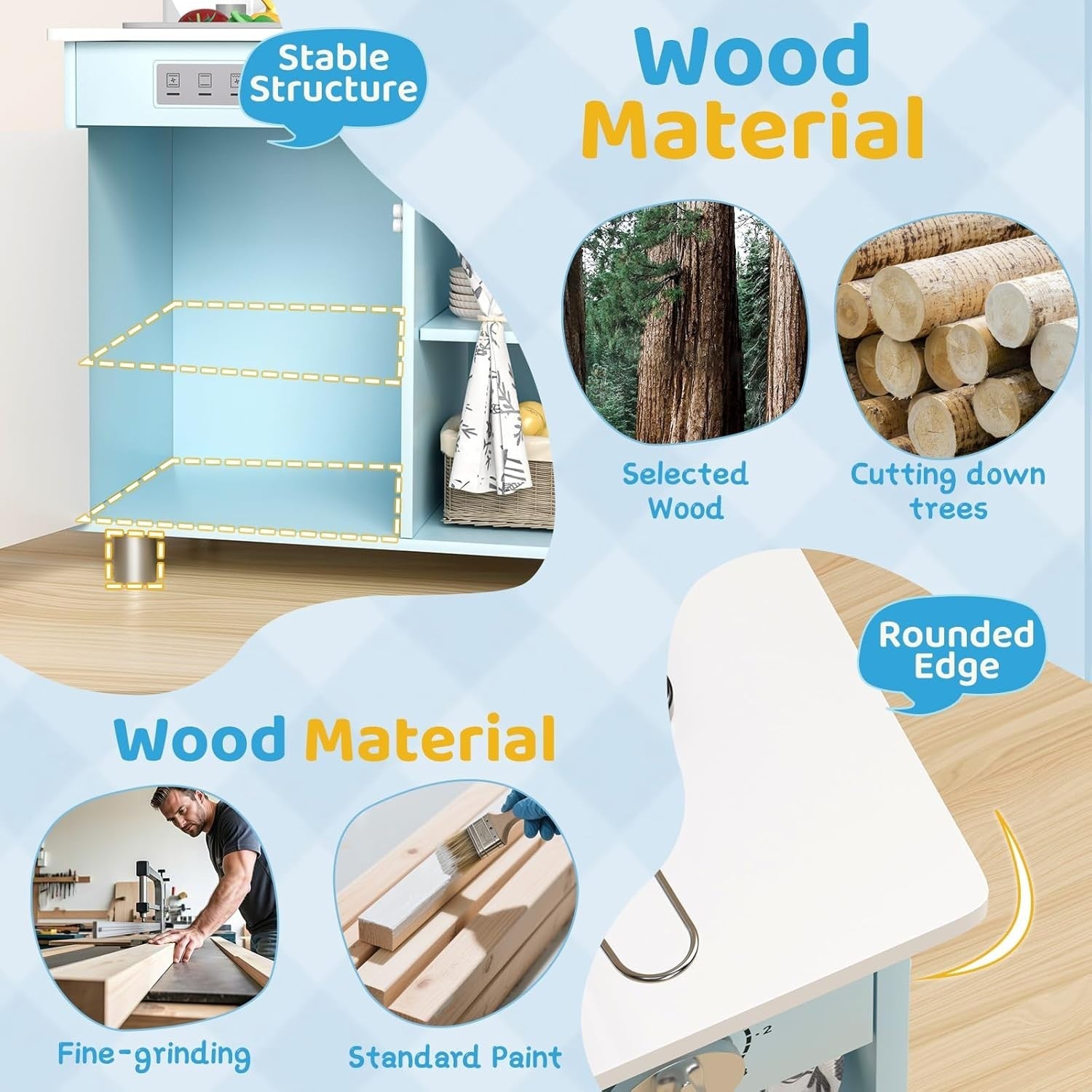 Kids Wooden Play Kitchen w/ Sound Stove Storage Blue Toy Set