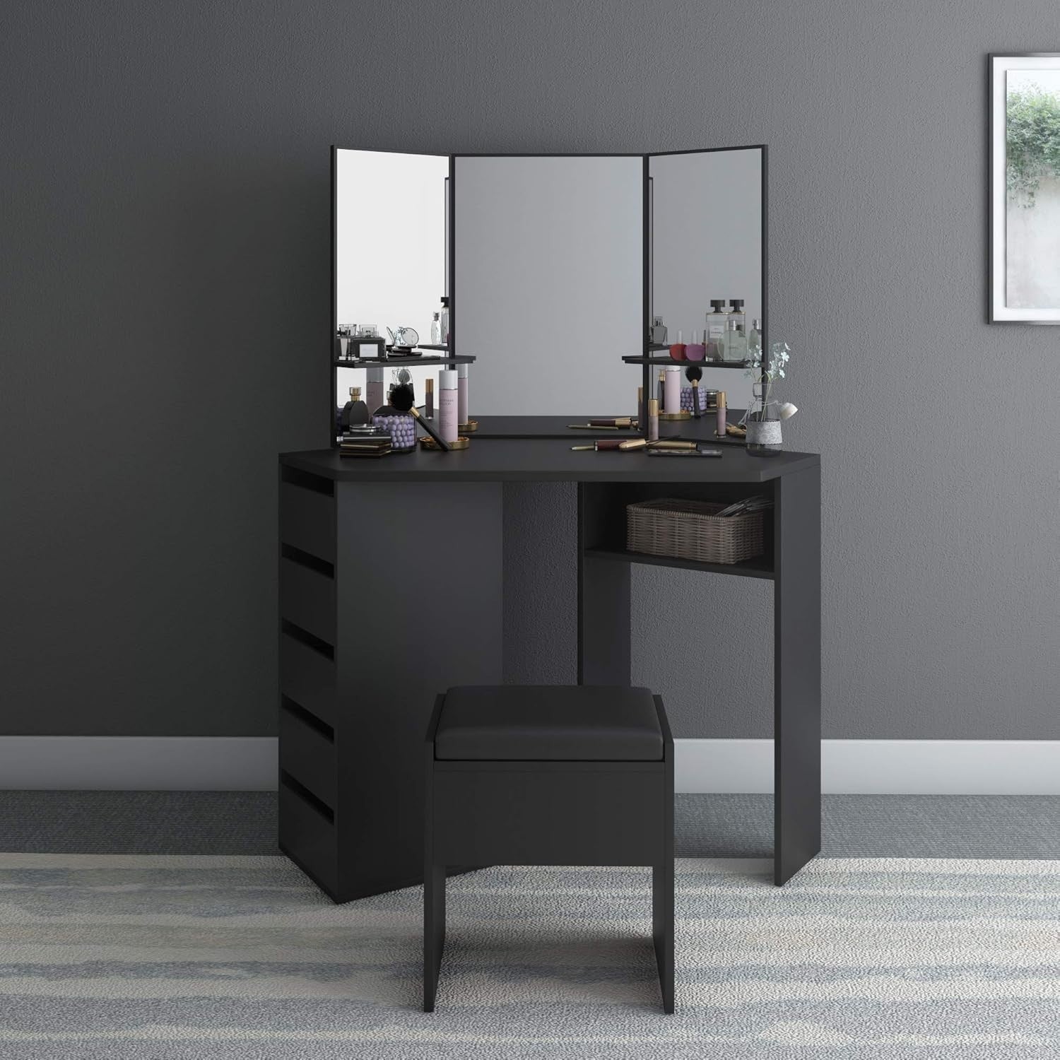 Corner Dressing Table Desk with 3-Sided Mirror, 5 Drawers Storage, Black Wood Va
