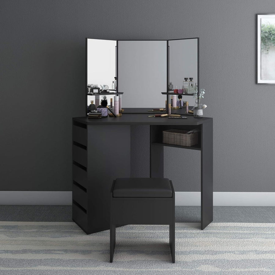 Corner Dressing Table Desk with 3-Sided Mirror, 5 Drawers Storage, Black Wood Va