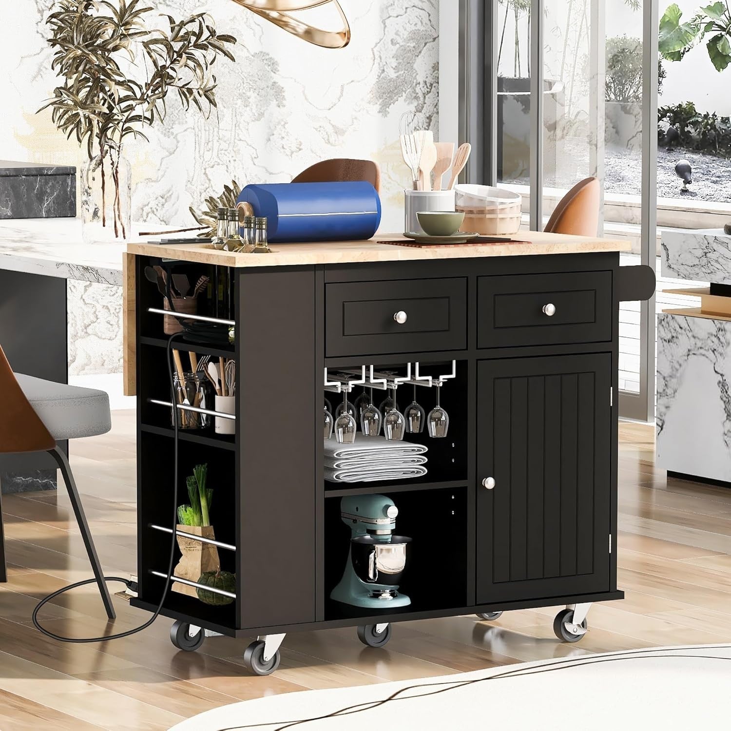 Rolling Kitchen Island Cart with Drop Leaf, Power Outlet & Wine Rack, Black