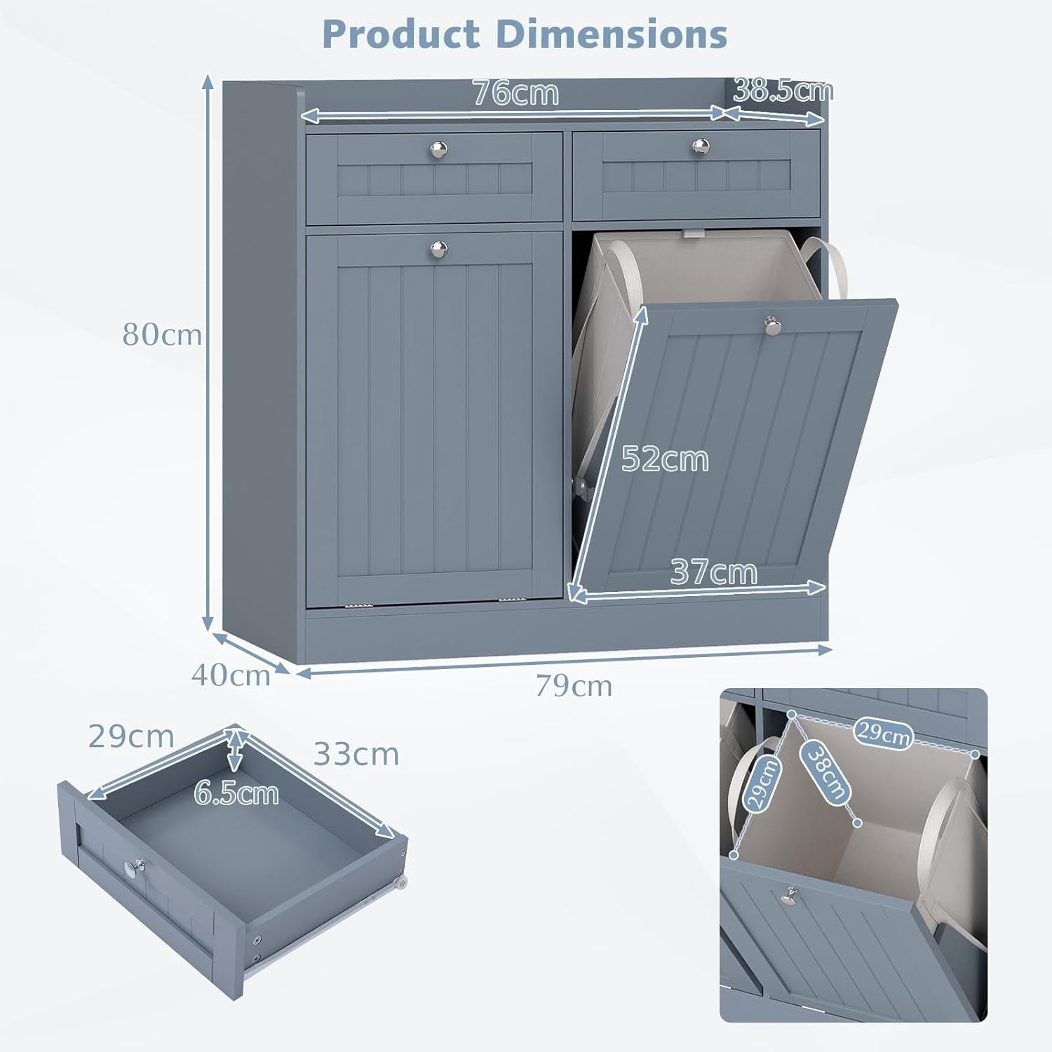 Grey Tilt-Out Laundry Cabinet with 2 Drawers & 2 Hampers Modern Bathroom Storage