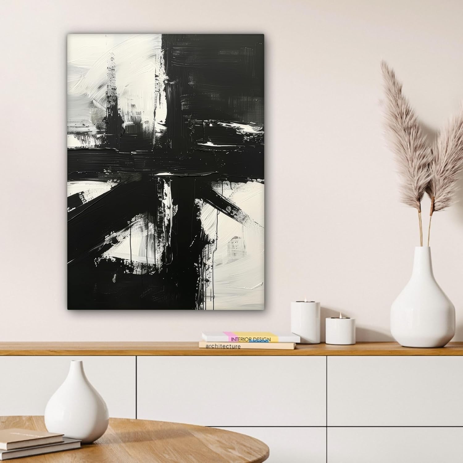 Large Framed Canvas Wall Art 50x70cm Black White Abstract