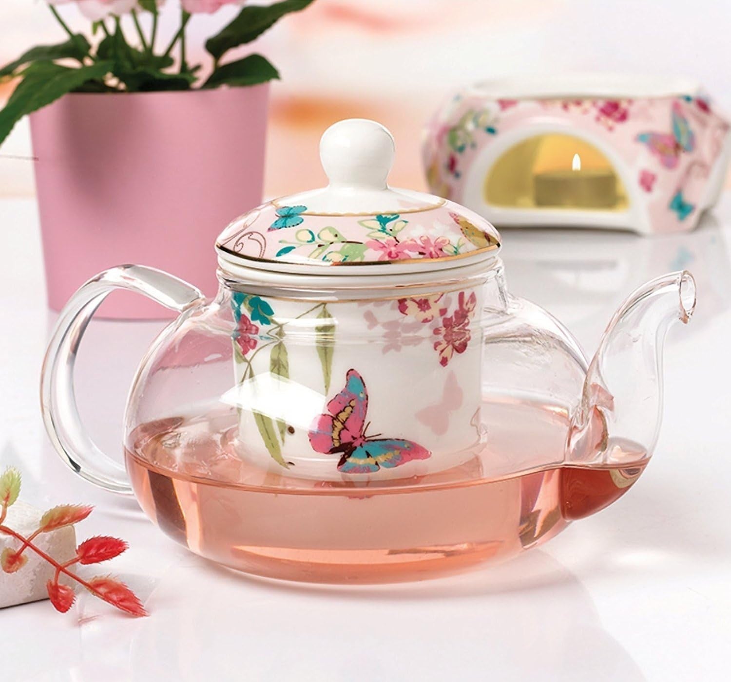 Bone China Teapot with Warmer & Infuser 500ml Butterfly Tea Pot