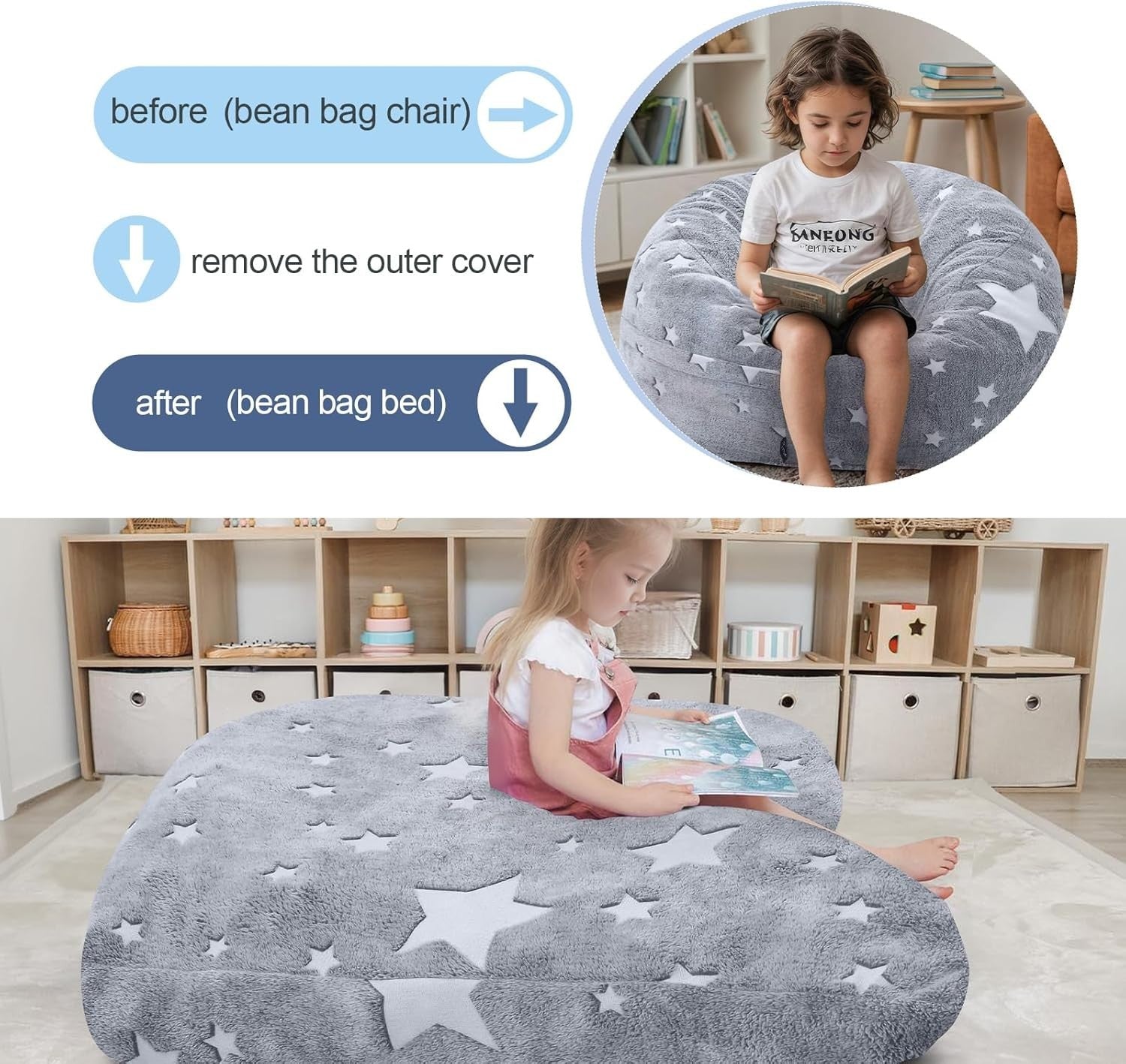 Kids Bean Bag Chair Bed Sofa Convertible Floor Mattress Grey Stars