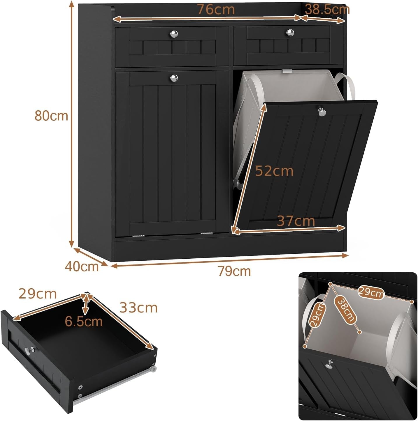 Black Tilt-Out Laundry Cabinet 2 Drawers 2 Hampers Modern Bathroom Storage Unit