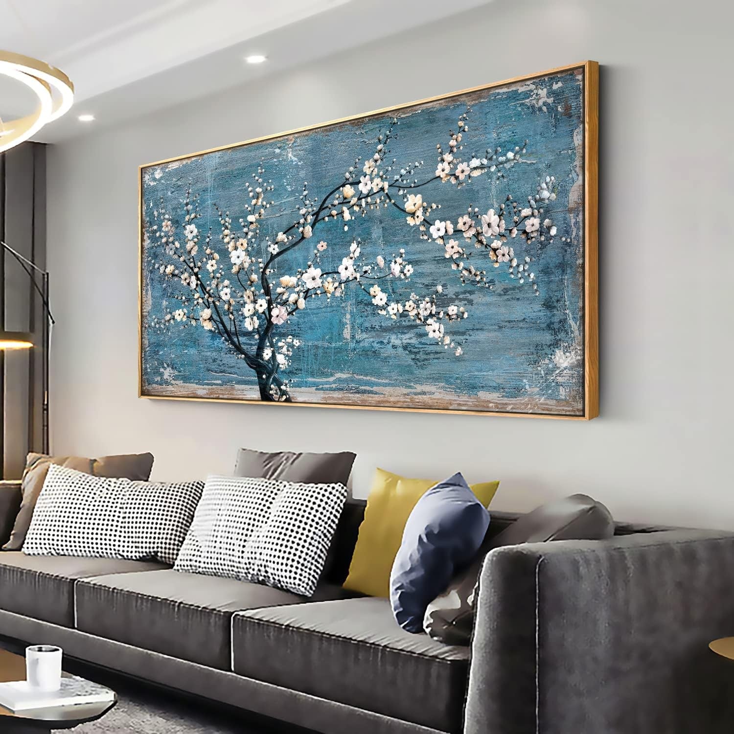 Large Teal Blossom Framed Canvas Wall Art 152x76cm