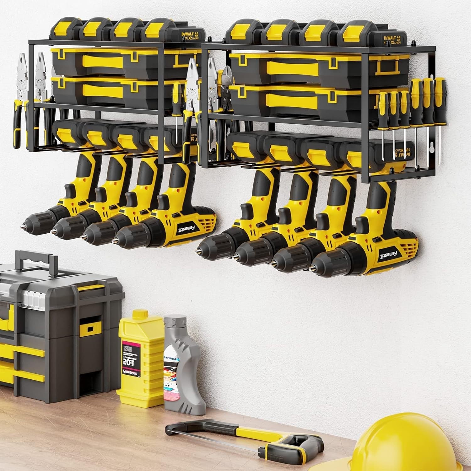 Heavy Duty Drill Storage Rack 2-Pack Floating Shelf 8 Drill Holders Yellow