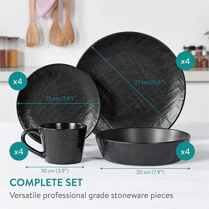 16pc Stoneware Dinner Set for 4 Charcoal Black Plates Bowls Mugs Dishwasher Safe