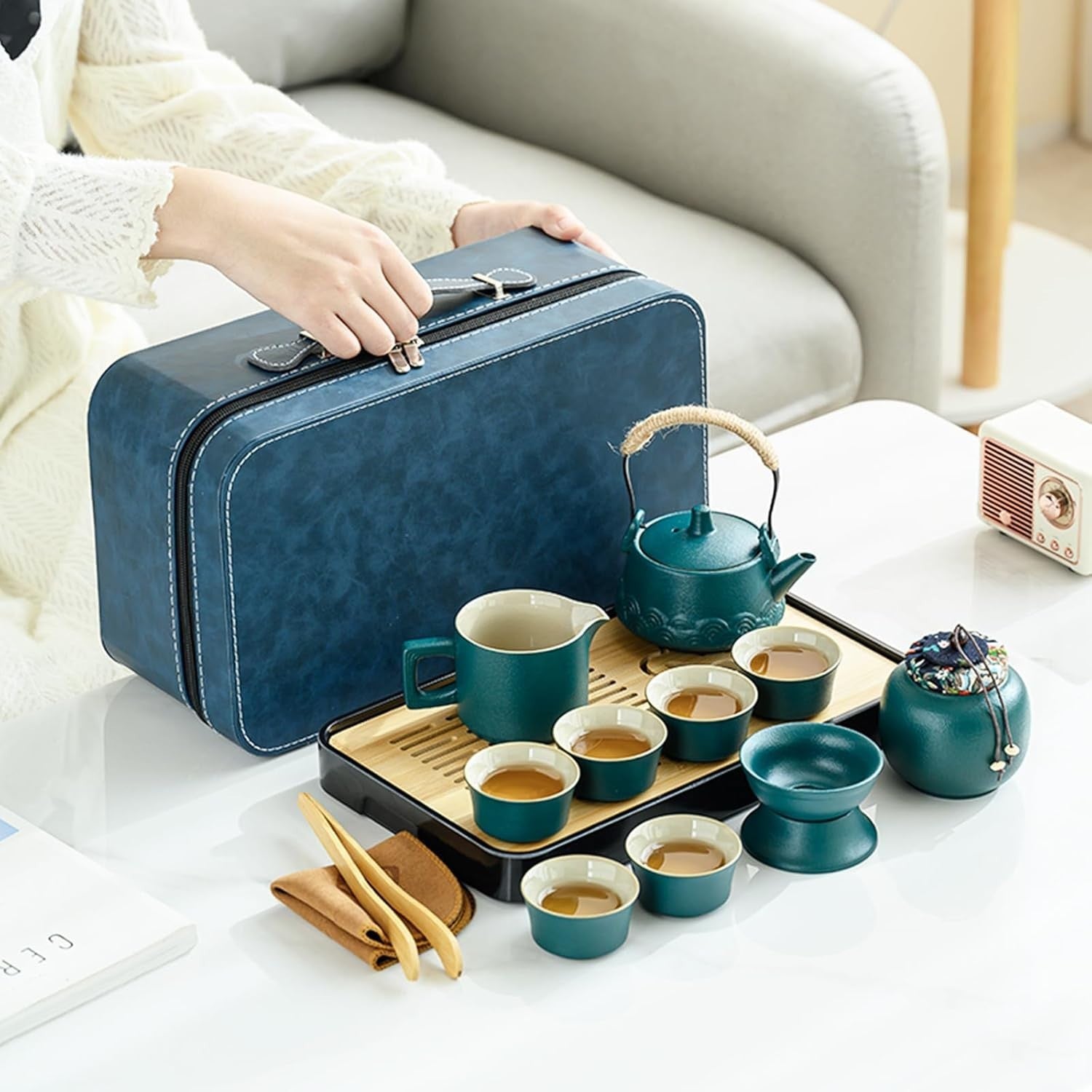 14Pc Gongfu Tea Set Green Ceramic Teapot Cups Tray Strainer Case