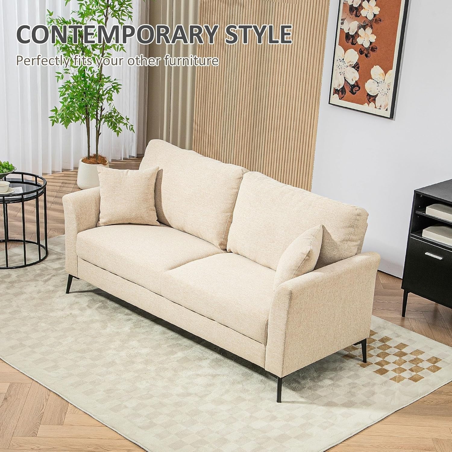 Modern 3 Seater Sofa Bed Beige Linen Storage Metal Legs Compact Lounge