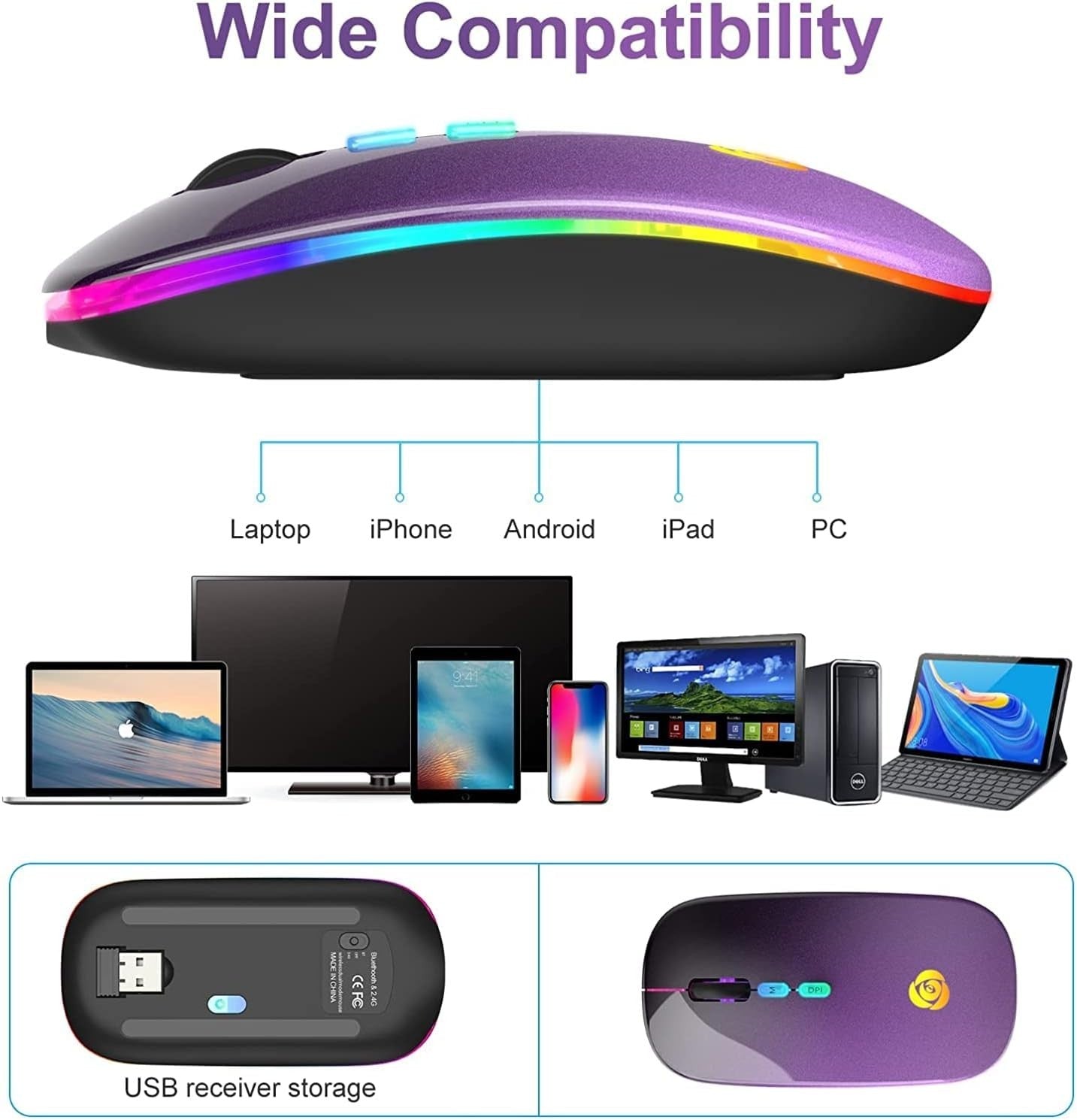 Wireless Bluetooth Mouse Rechargeable Silent RGB Type-C Slim