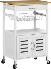 Rolling Kitchen Island Cart with Bamboo Top, Storage Drawer & Wire Basket