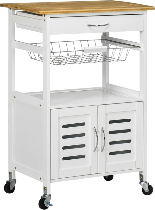 Rolling Kitchen Island Cart with Bamboo Top, Storage Drawer & Wire Basket