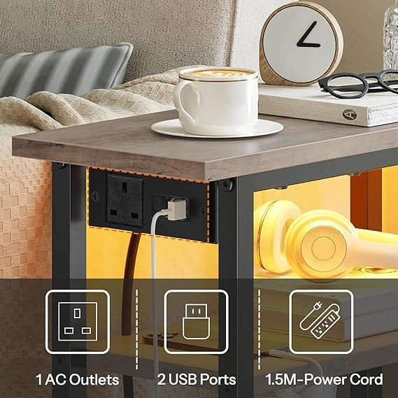 Slim LED Side Table with Charging Station, USB Port, Storage Shelf, Narrow Night