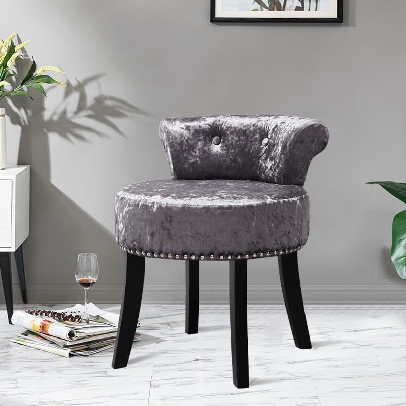 Dark Grey Velvet Dressing Table Stool with Wooden Legs & Tufted Back