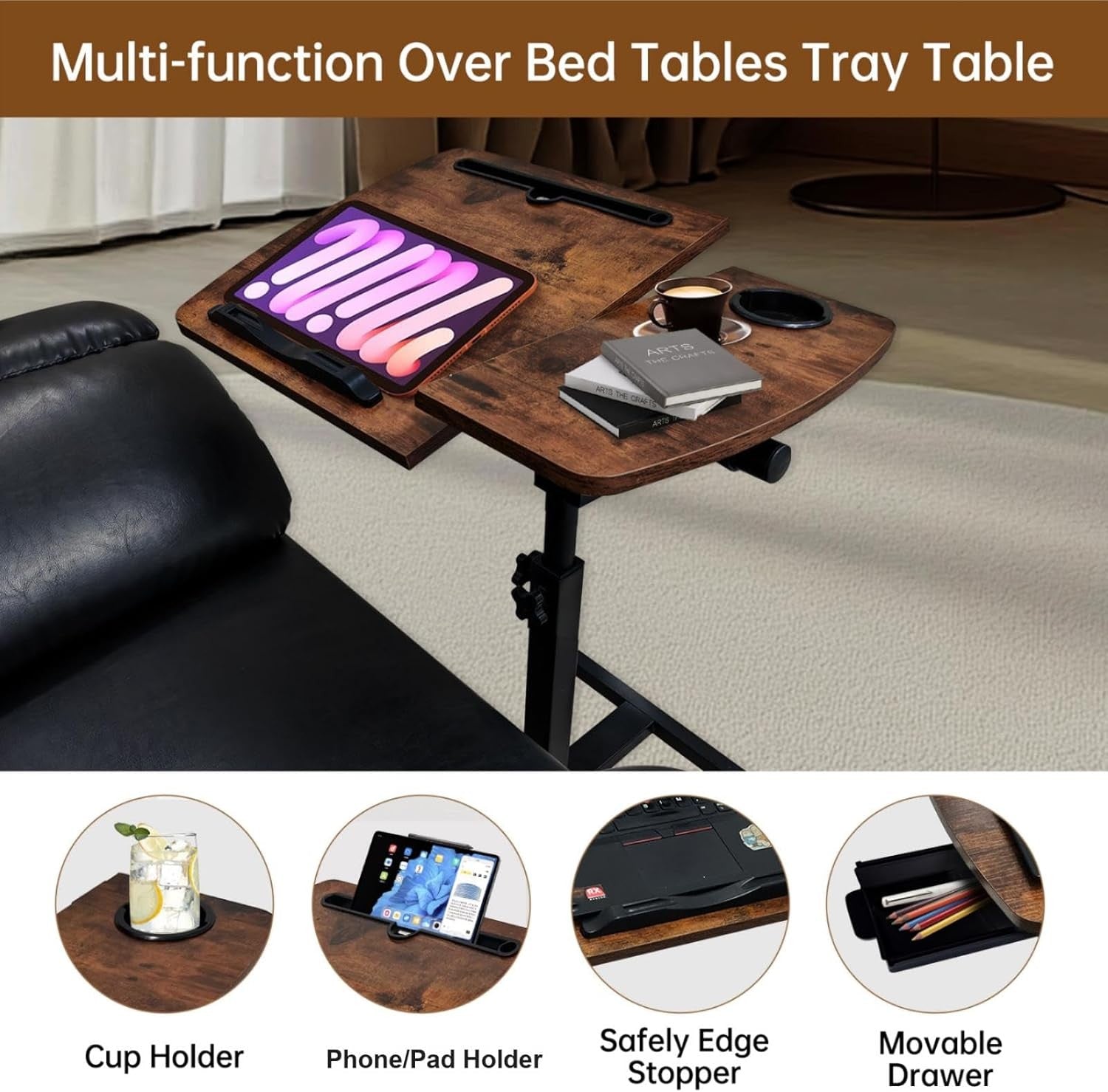 Overbed Table Laptop Desk Adjustable Height Rolling Bedside Stand with Tilt Top