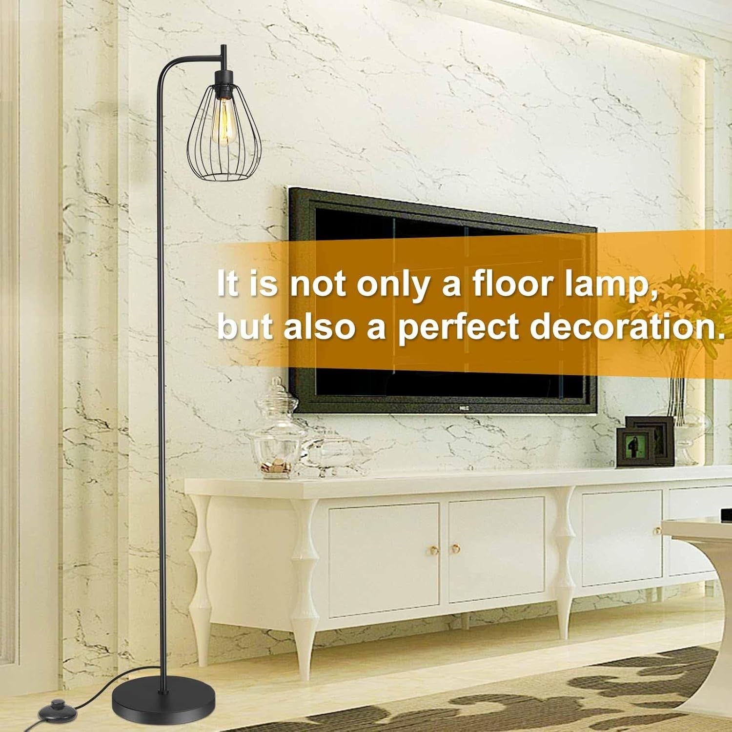 Industrial Floor Lamp Tall Standing Light Metal Cage Shade Pedal Switch