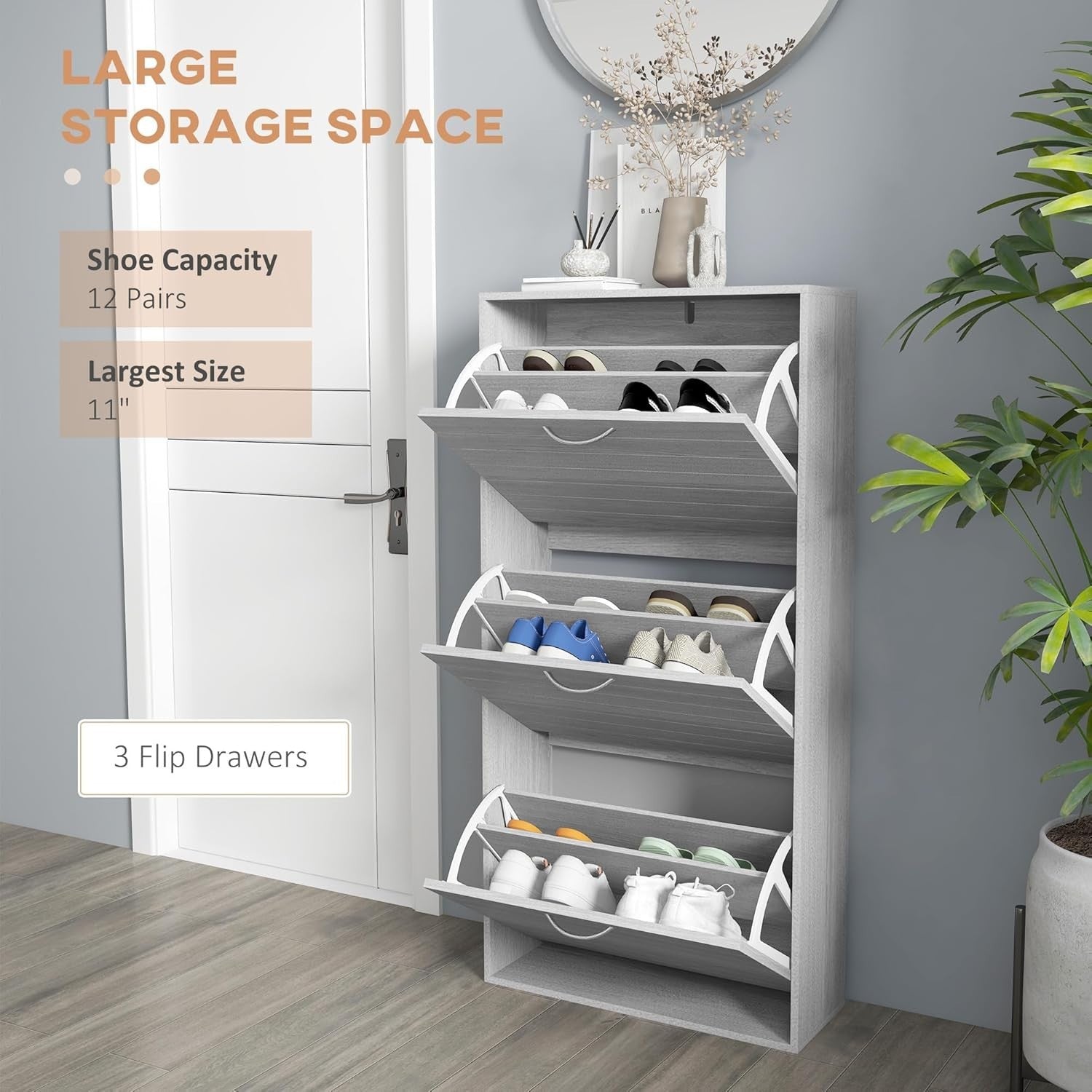 Slim Grey Shoe Cabinet – 3 Flip Drawers, 12 Pair Storage, Narrow Hallway Unit