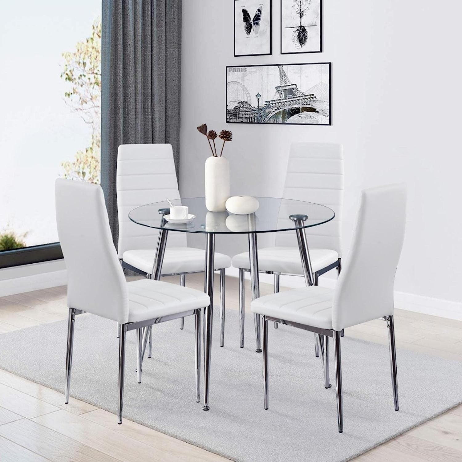 Round Glass Dining Table 90cm Modern Small Dining Kitchen Table Chrome Legs