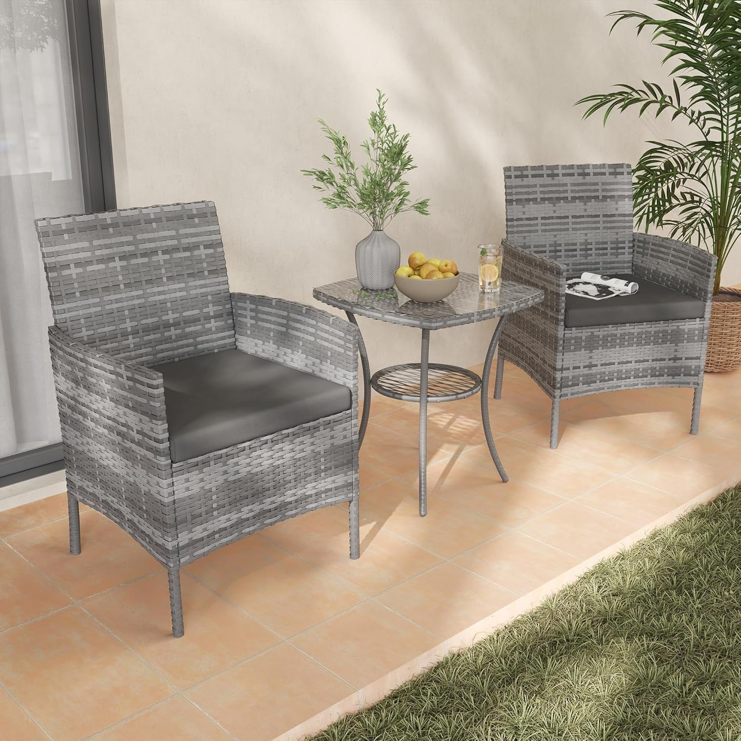 Outdoor Rattan Bistro Set 3PC | Waterproof Cushions | Small Garden Patio