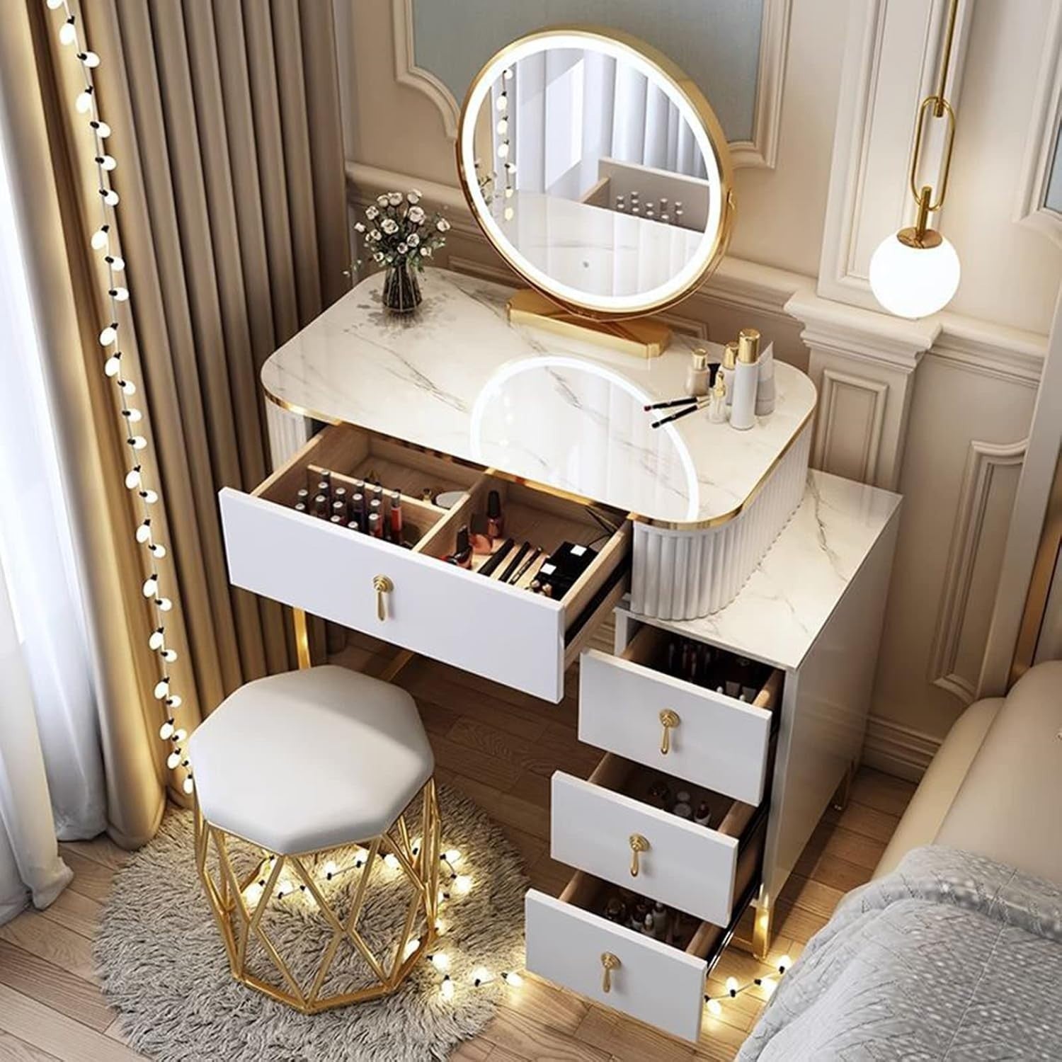 Modern LED Vanity Table Set with Mirror & Stool – Makeup Desk Storage White Grey