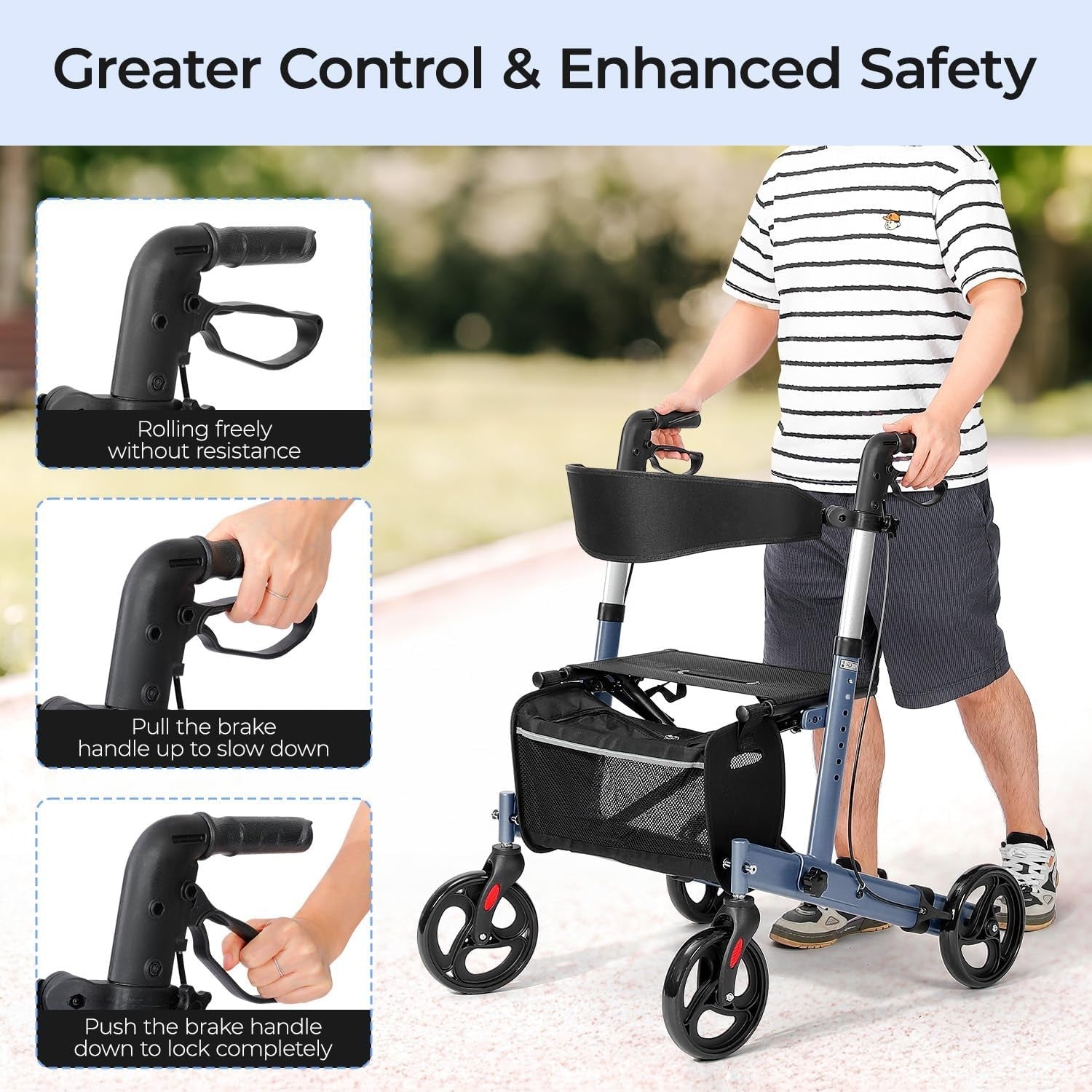 Lightweight Folding Rollator Walker 4 Wheels Seat Adjustable Brakes 300lb