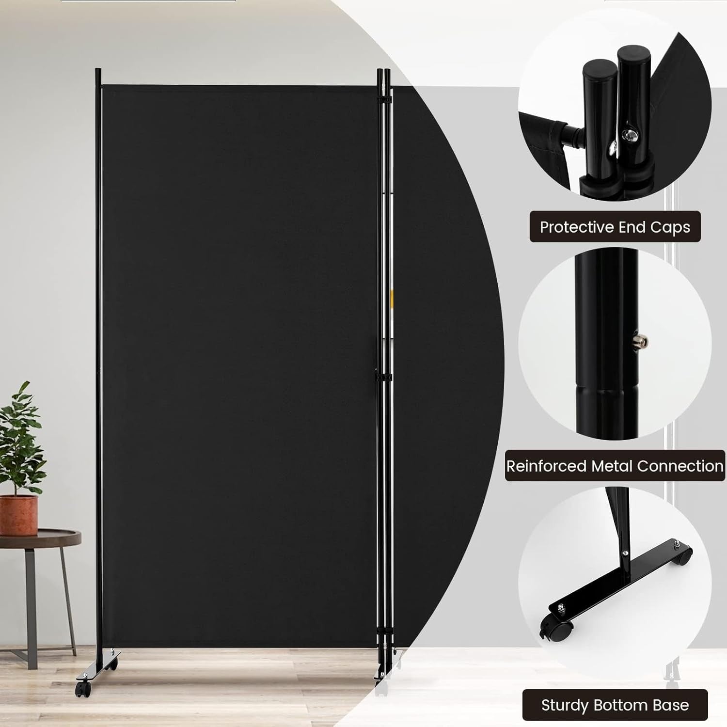 3 Panel Black Folding Room Divider Privacy Screen on Wheels for Home Office Use