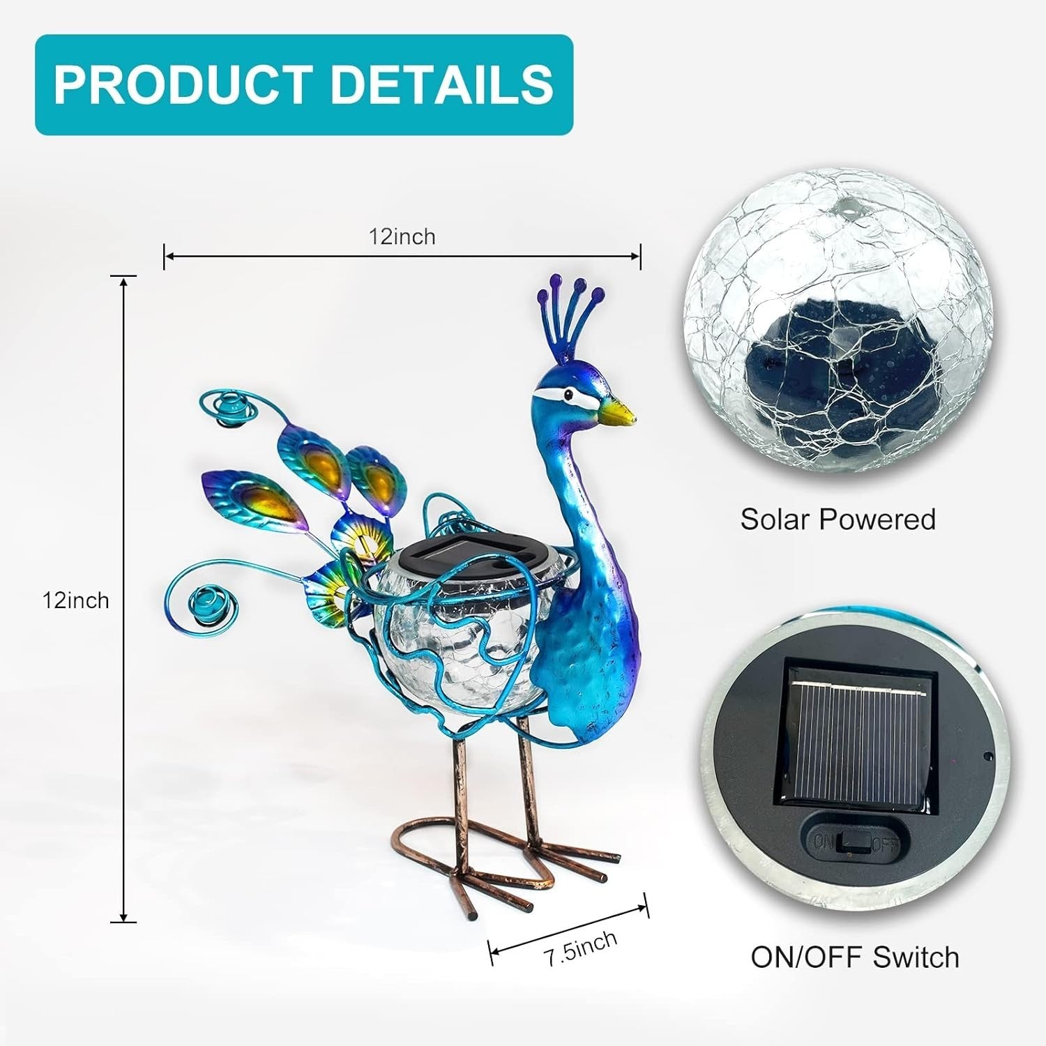 Solar Peacock Light Outdoor LED Garden Statue Metal Glass Yard Art Ornament