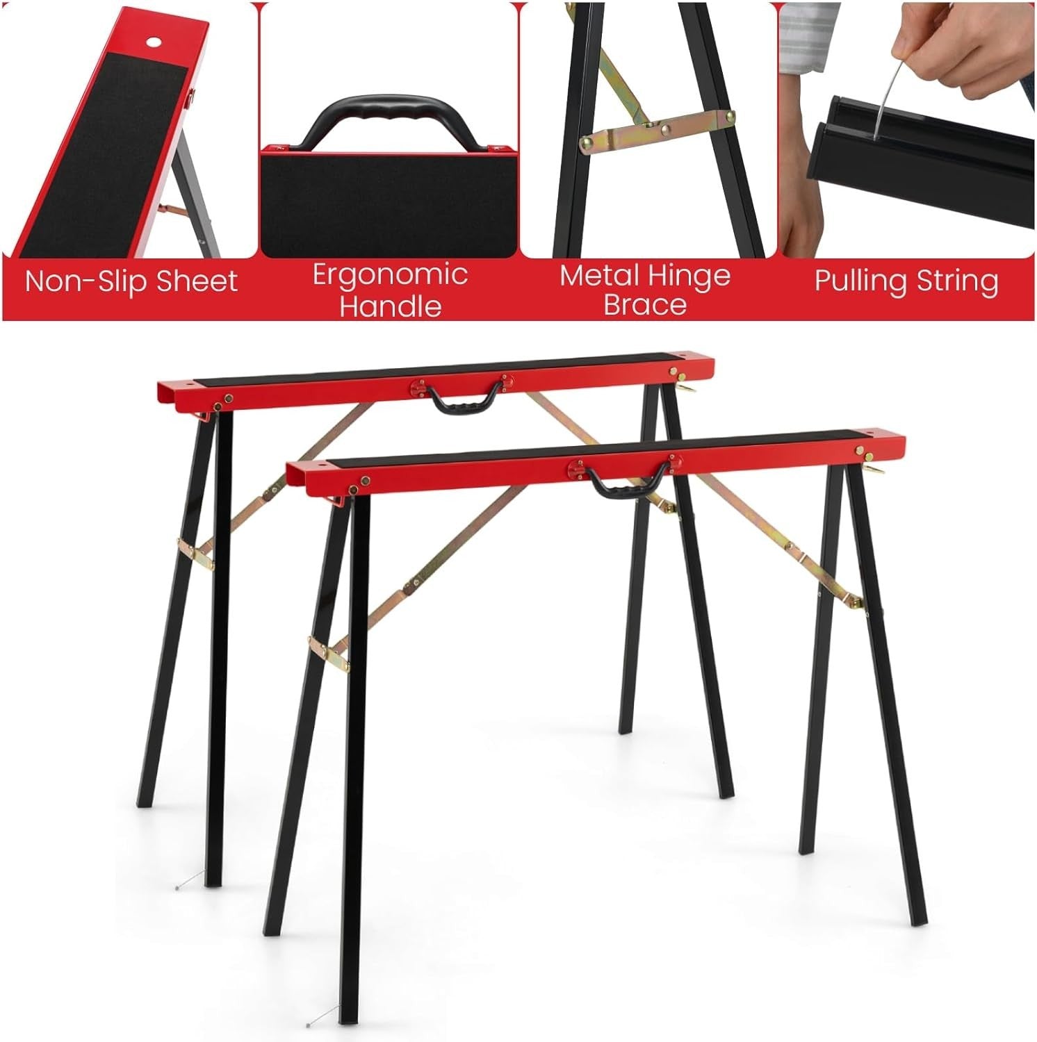 2x Folding Sawhorses Heavy Duty Metal Stands 375kg Non-Slip Portable Set