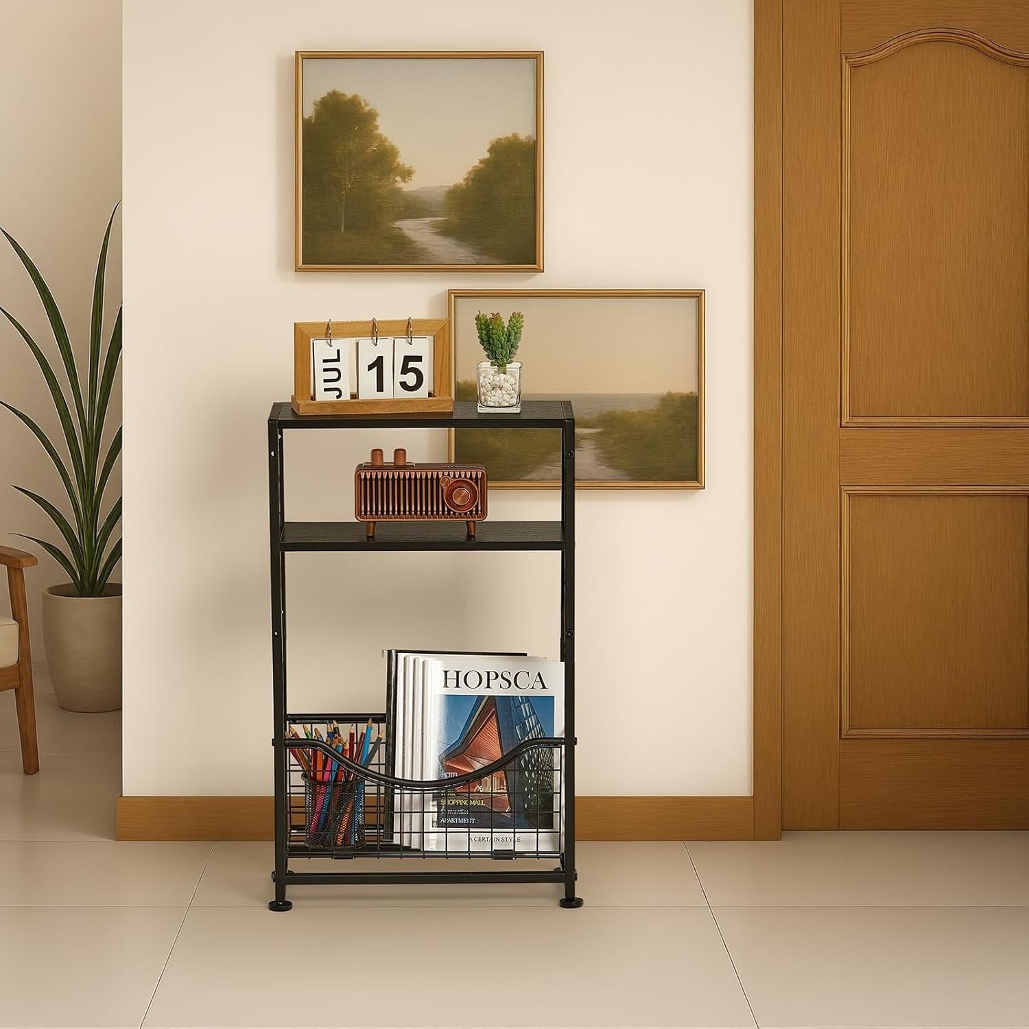 Black 3-Tier Narrow Side Table 30x30x50 cm | Slim End Table w/ Storage
