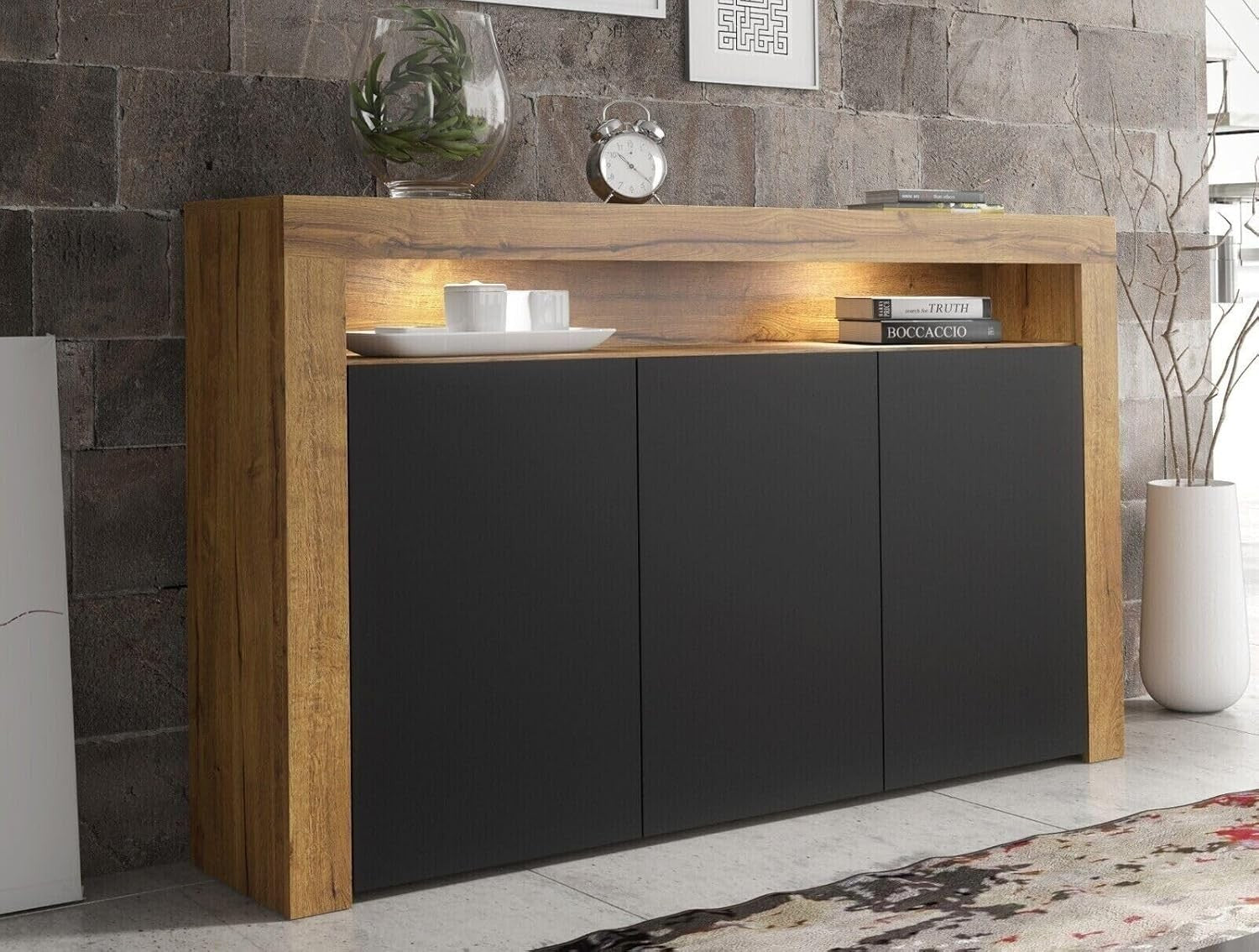 Modern 155cm Sideboard Dark Oak Black Matt Doors LED Storage Cabinet