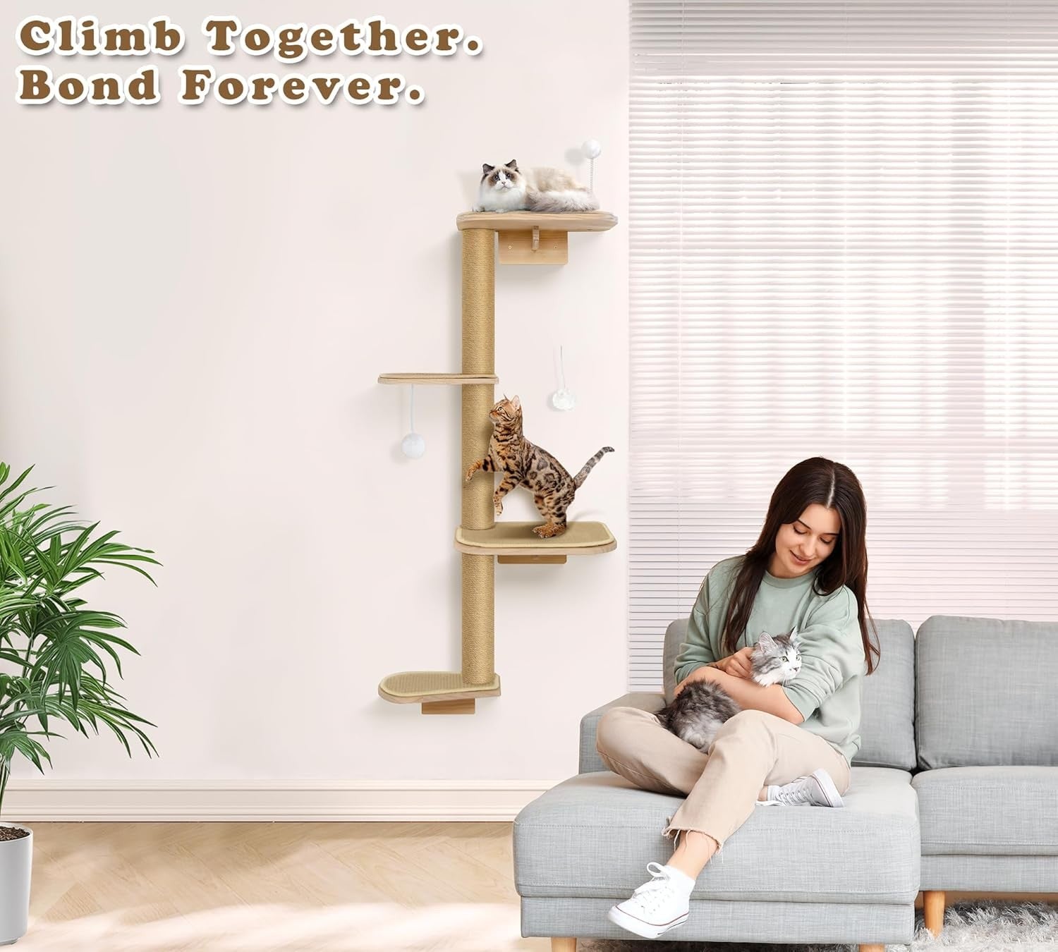 Wall Mounted Cat Tree 125cm 4 Tier Scratching Post Climbing Shelves