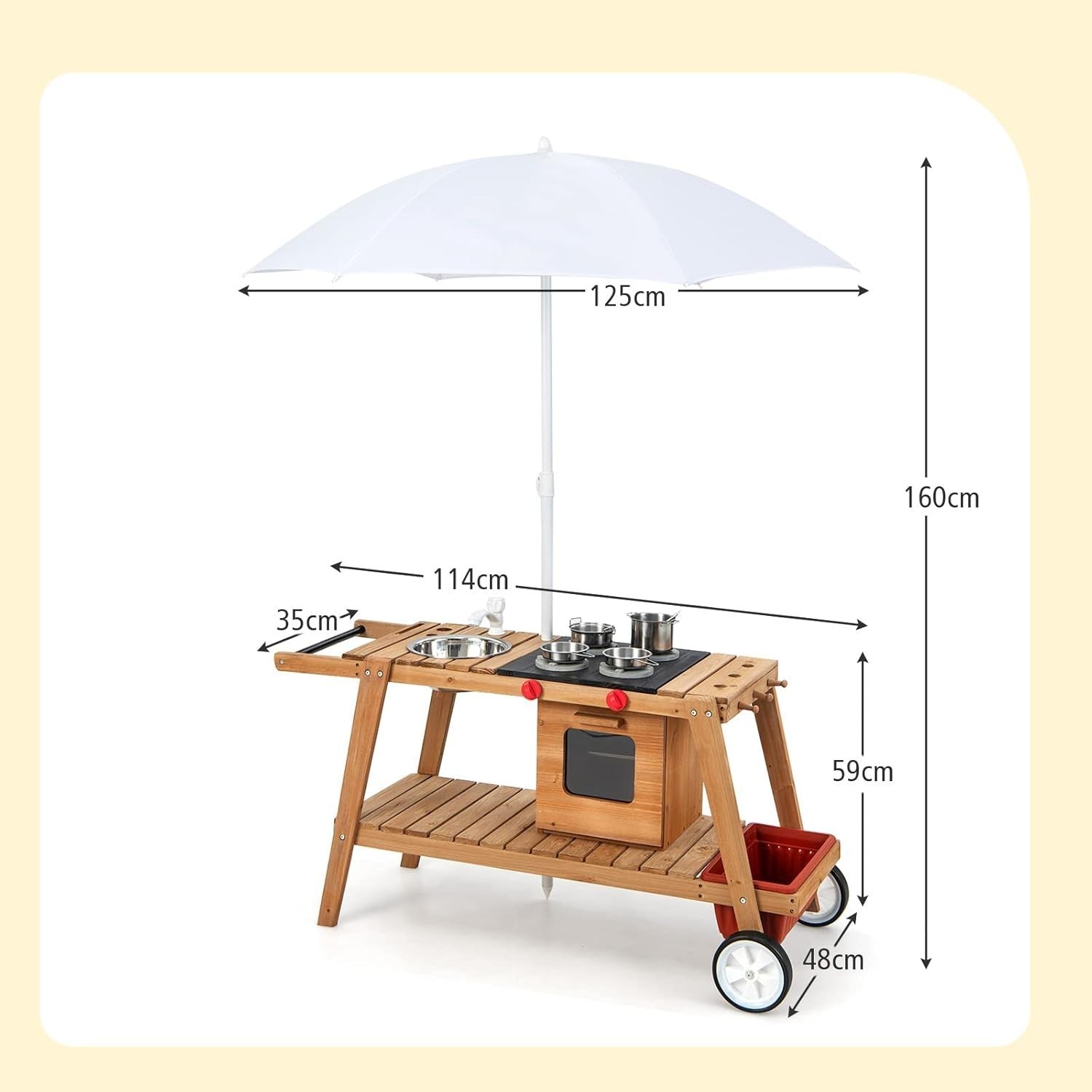 Wooden Mud Kitchen Outdoor Kids Cooking Cart w Umbrella Sink Wheels