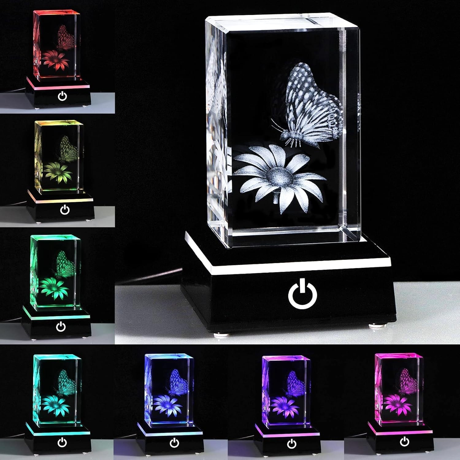 3D Crystal Butterfly Flower LED Ornament Gift – Light Up Glass Keepsake Decor