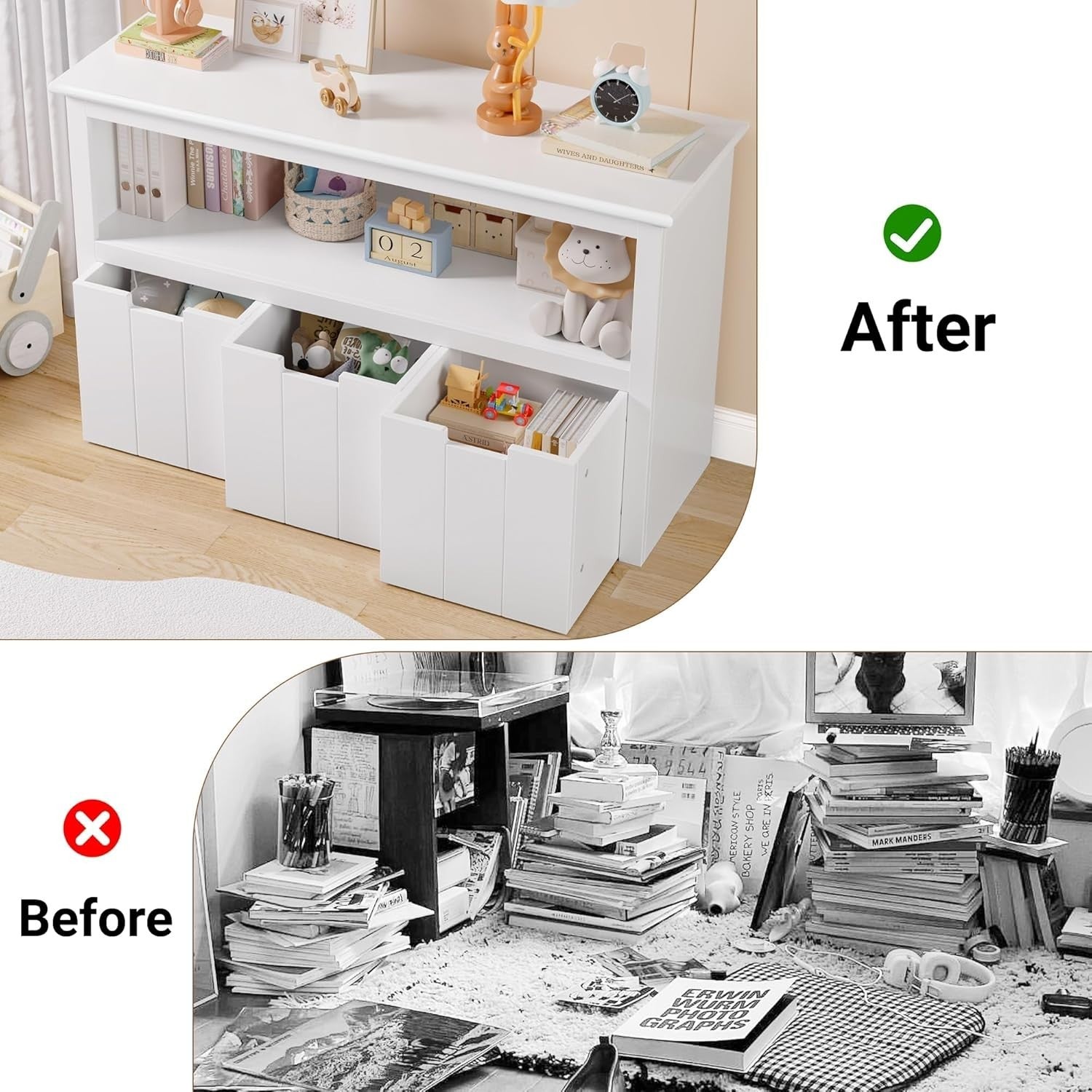 White Kids Toy Storage Cabinet w/ Wheels – 3 Drawer Bookcase 102x62cm