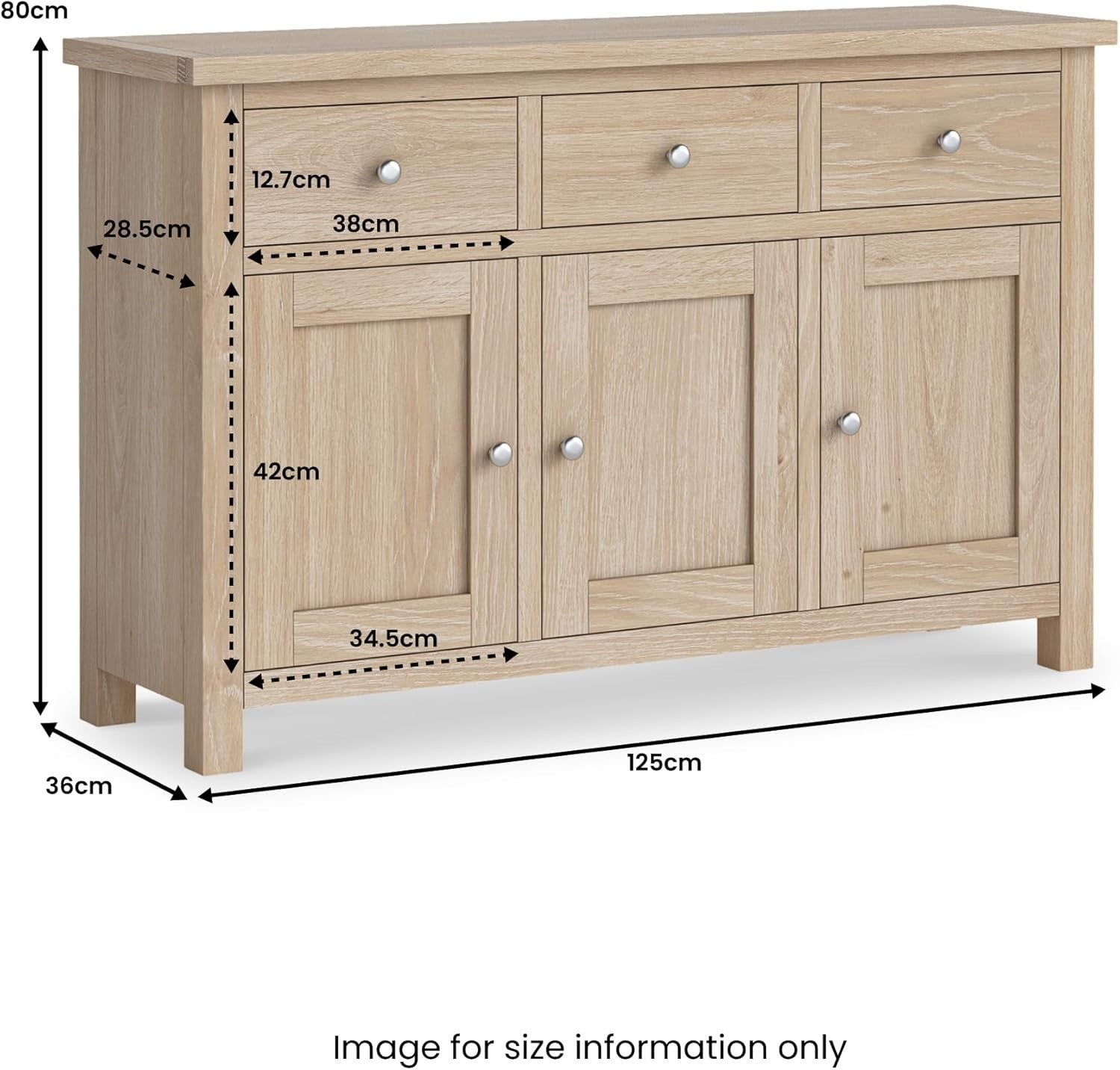 Large Washed Oak Sideboard Storage Cabinet 3 Drawer 3 Door Cupboard Shelf