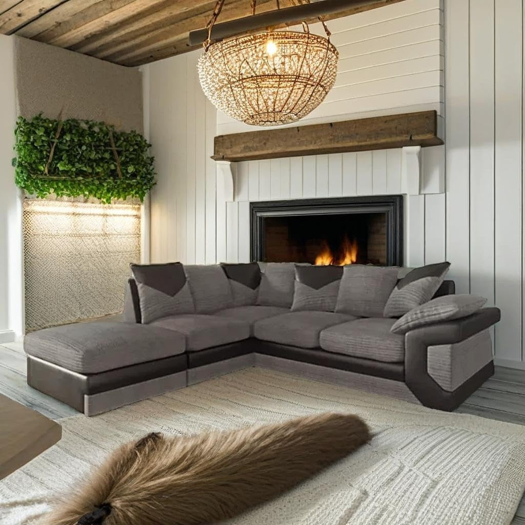 5-Seater Grey & Black Cord Leather L Shape Corner Sofa Modular Scatter Back